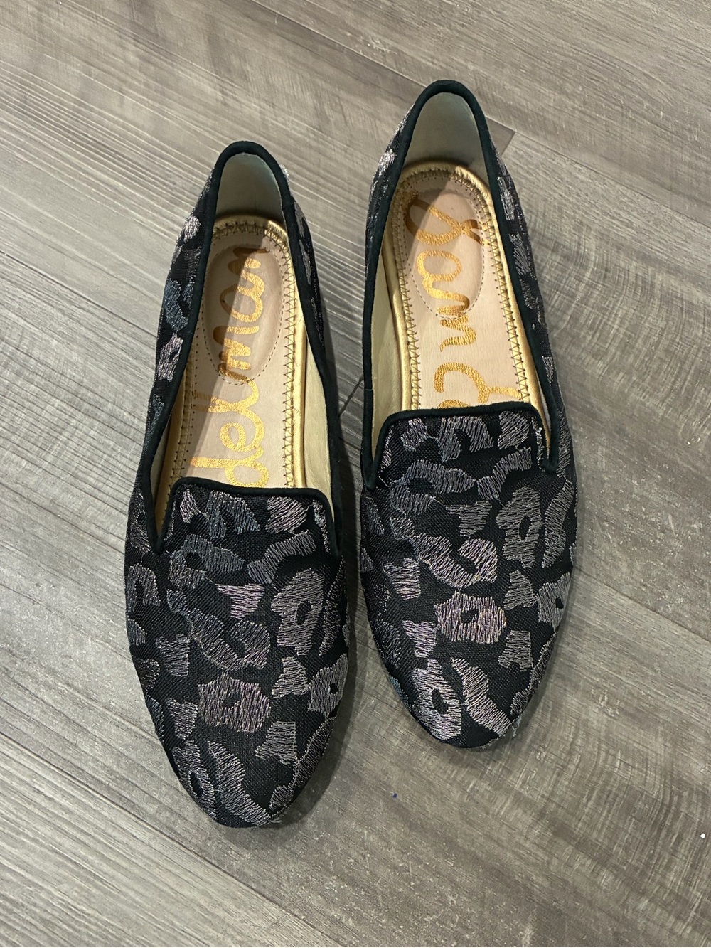 Sam Edelman Black Flats with Metallic Gray Leopard Motif